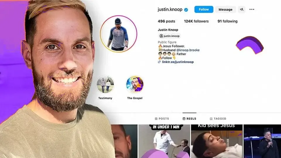 Justin Knoop smiling, with his Instagram profile and video reels behind him