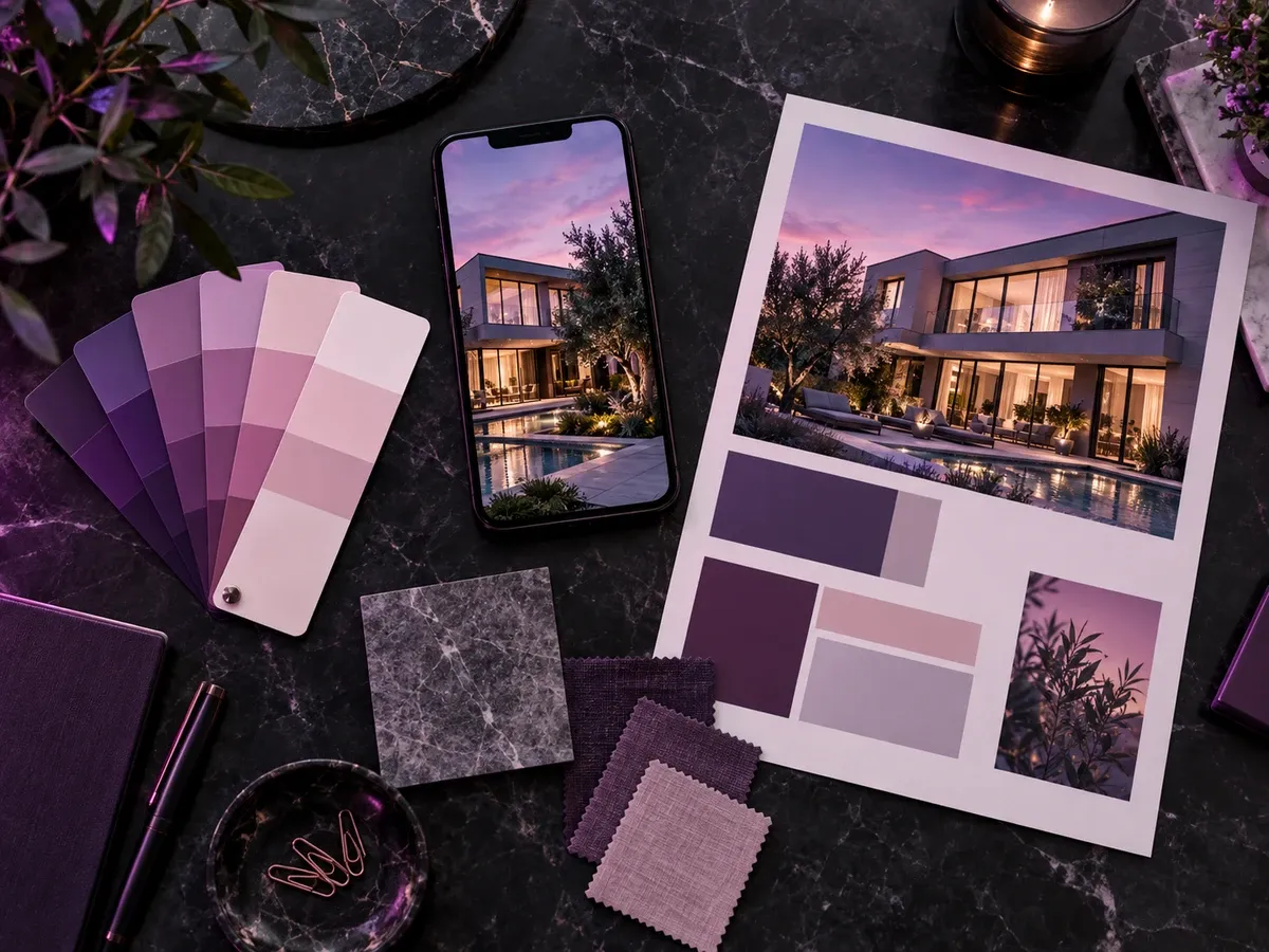 Purple color swatches, a phone and a printed brand board with a photo of a modern home