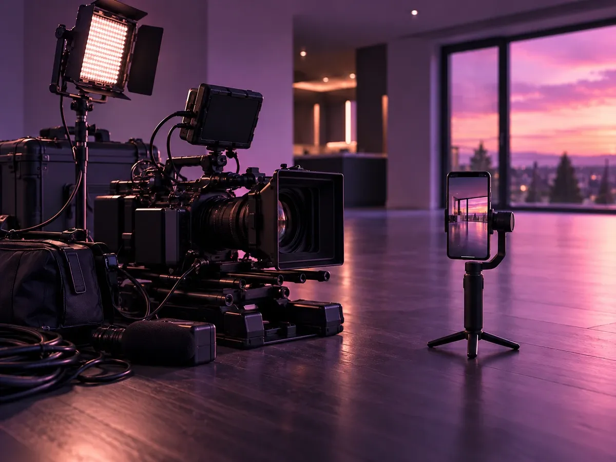 Cinema camera, studio light and a phone on a gimbal in an empty room at sunset