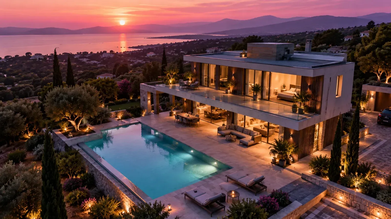 Aerial drone view of a modern villa with a pool at sunset