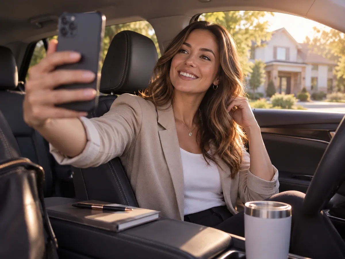 Real estate agent filming a video on her phone from the front seat of a car outside a house