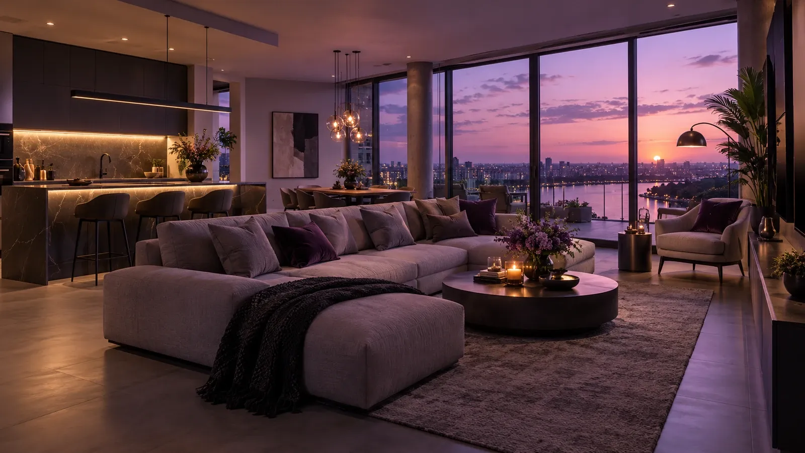 Open-plan apartment living room and kitchen at sunset, as in a listing tour