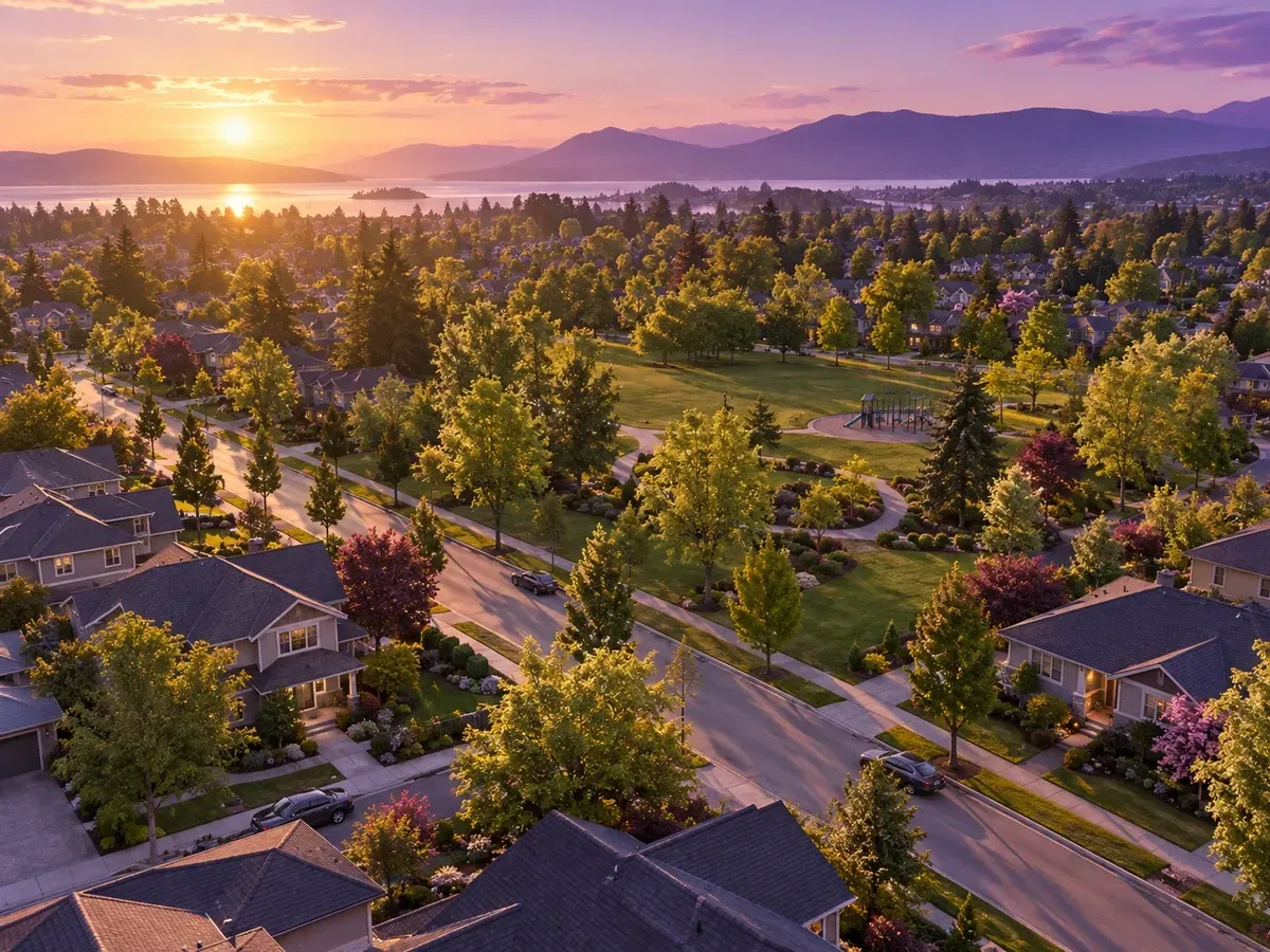 Aerial view of a neighborhood with homes, trees and a park at sunset