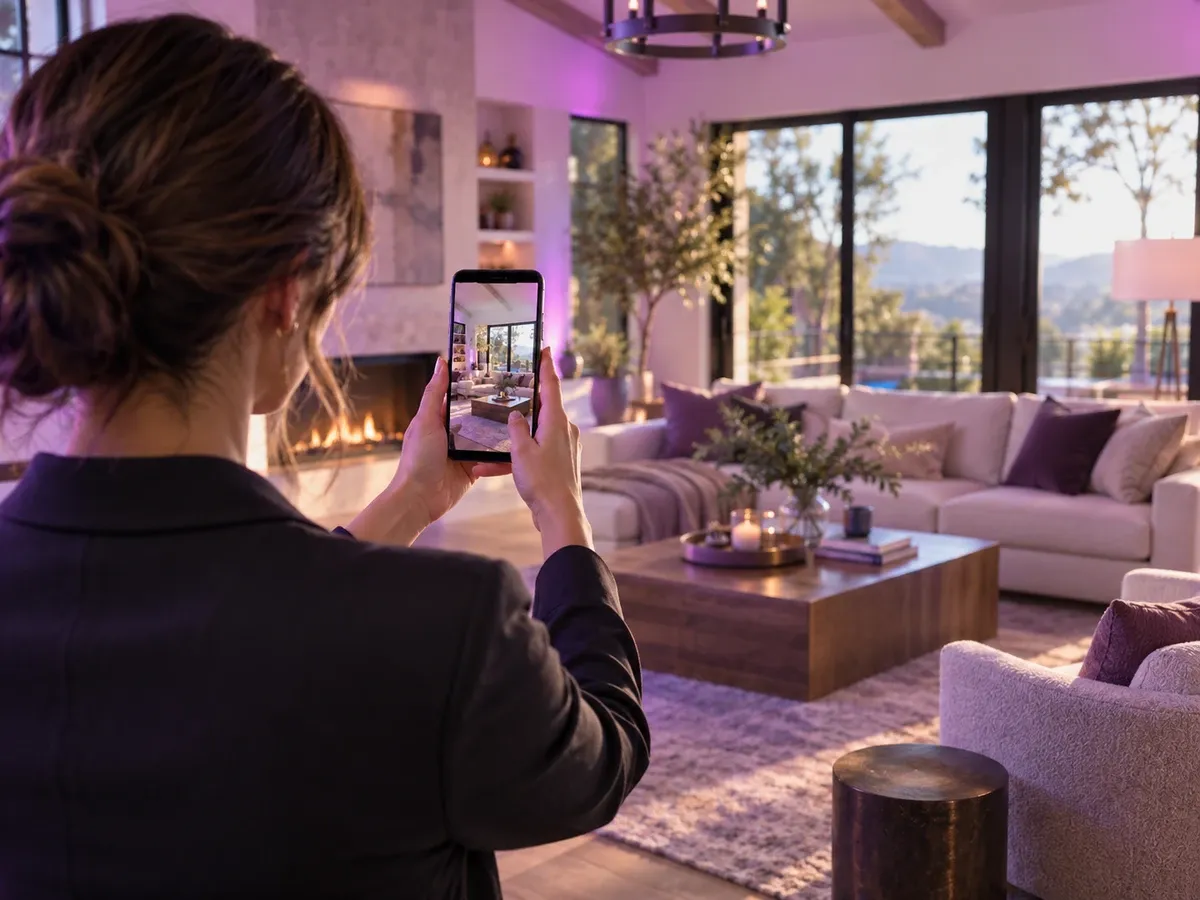 Real estate agent filming a living room walkthrough on a phone