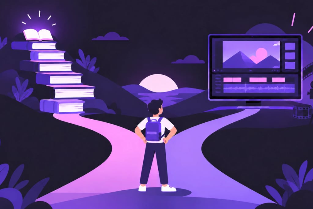 Two paths: a staircase of books for learning to edit, and a finished video on a screen