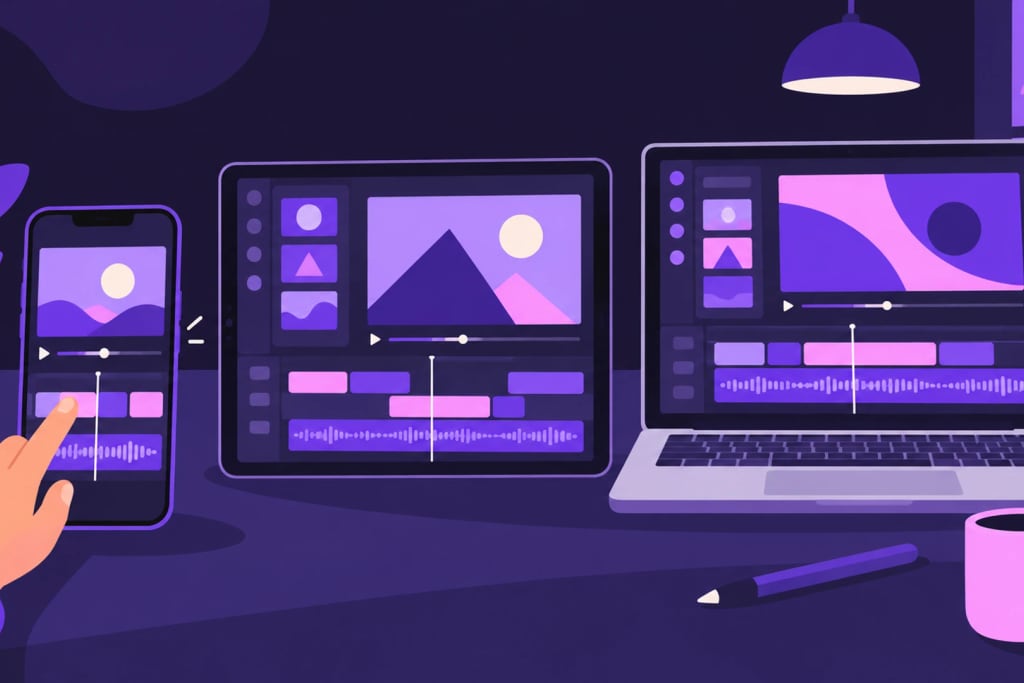 Video editing apps on a phone, a tablet and a laptop side by side