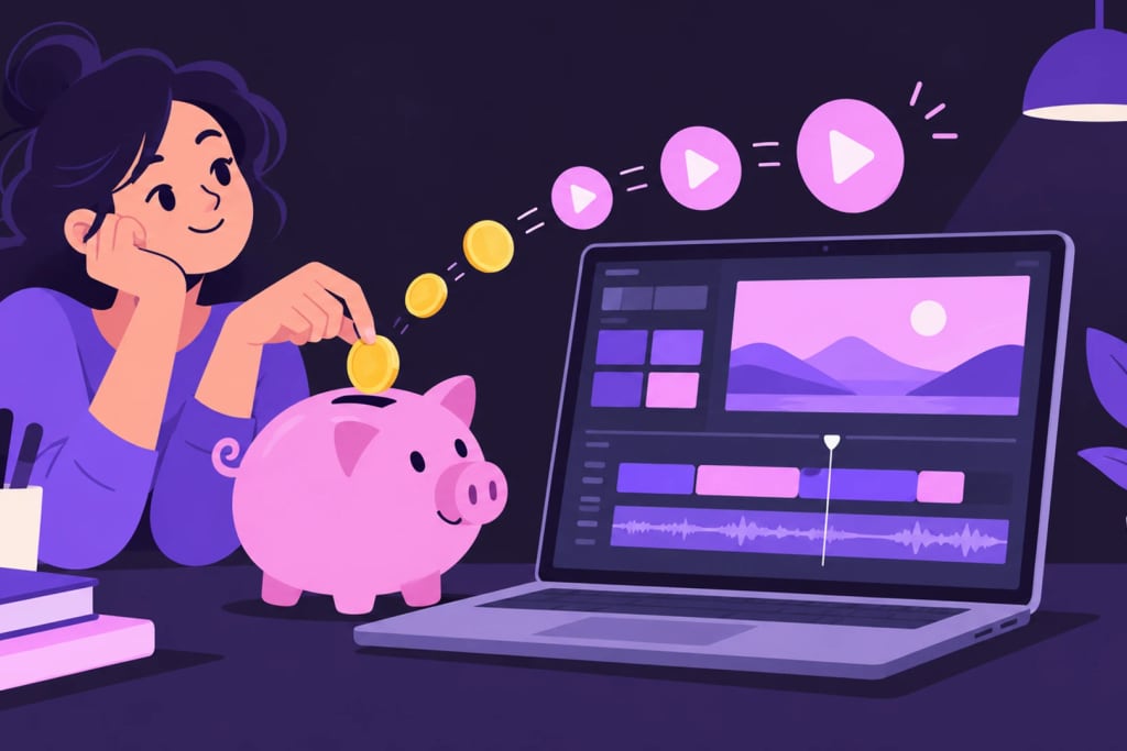 A woman putting coins into a piggy bank next to a laptop with an editing timeline