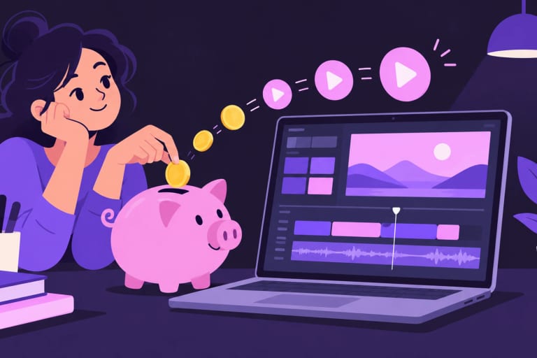 A woman putting coins into a piggy bank next to a laptop with an editing timeline